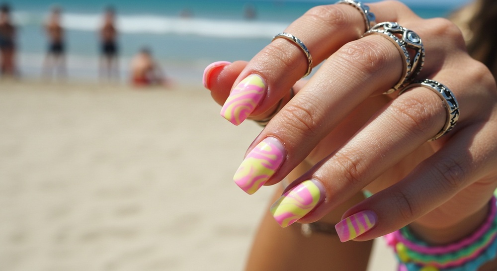 Beach Nails With Silver Rings