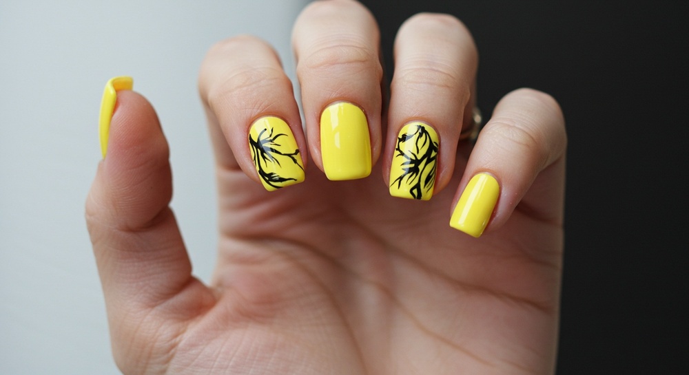 Bright Yellow Nails Black Design