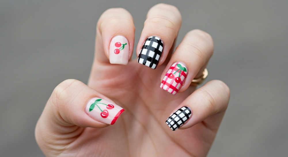 Cherry And Checkered Fingernails