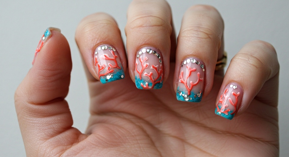 Coral And Turquoise Jeweled Nails