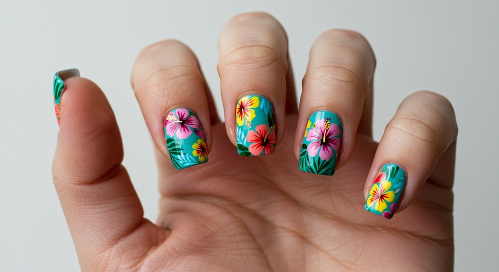 Floral Hibiscus Teal Nail Design