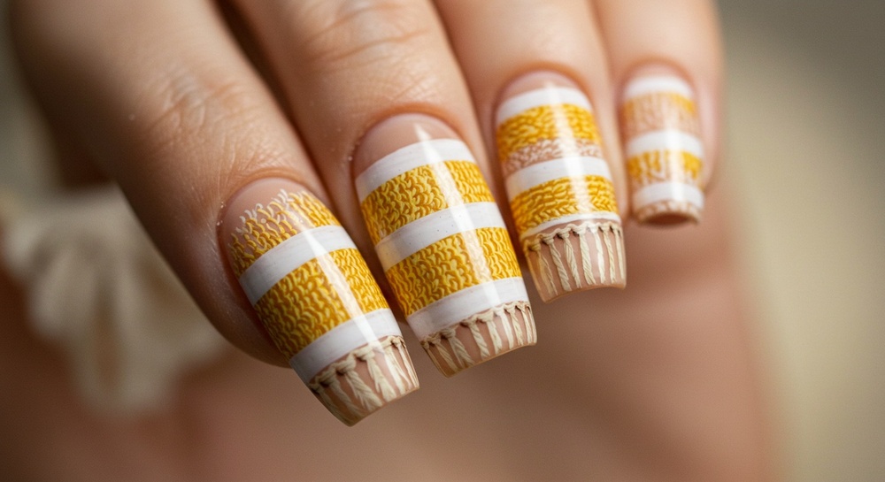 Knitted Yellow Striped Nail Art