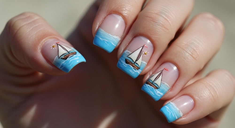 Sailboat Manicure With Wavy Blue Tips