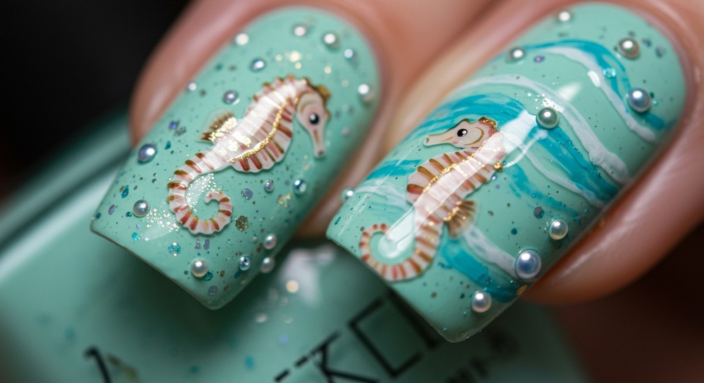 Seahorse Sparkle Aqua Nail Art