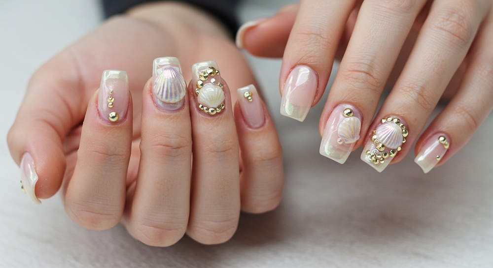 Shell Embellished Pale Pink Manicure