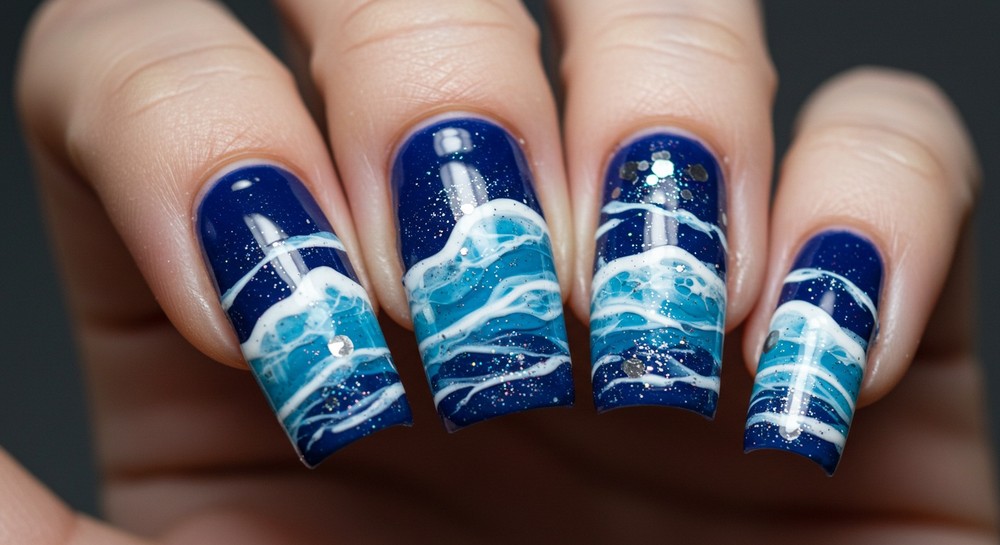 Sparkling Blue Ocean Wave Nails