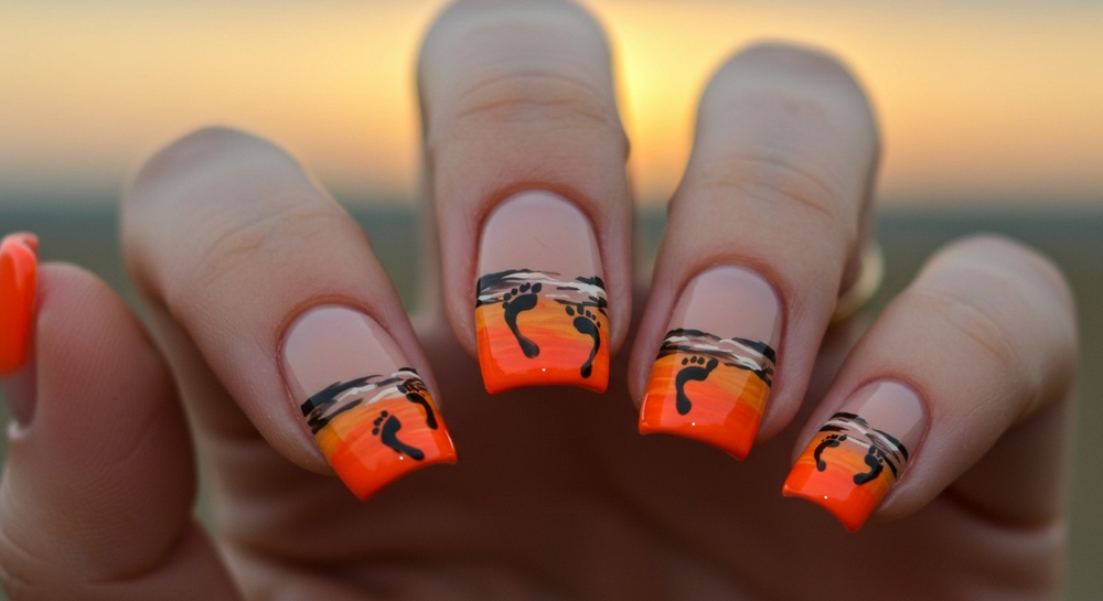 Sunset Footprints Orange Nail Design