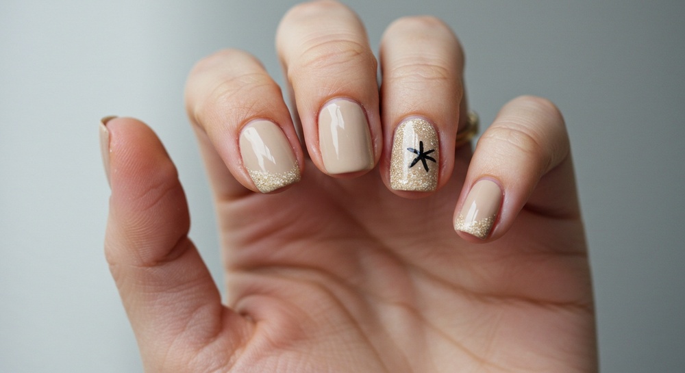 Tan Glitter Asterisk Nail Design