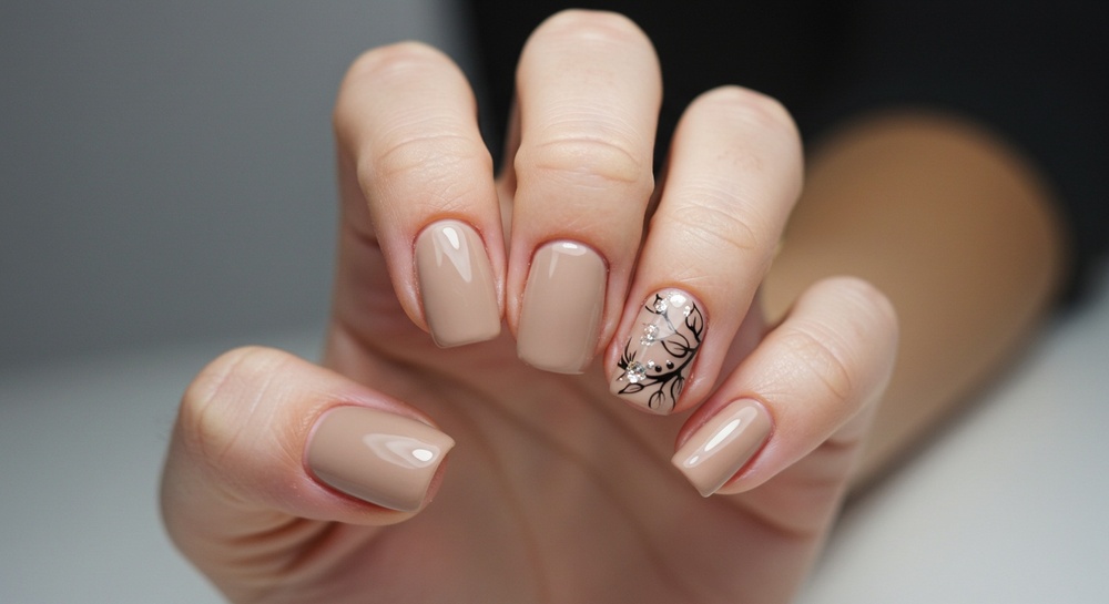 Taupe Nails With Floral Accent
