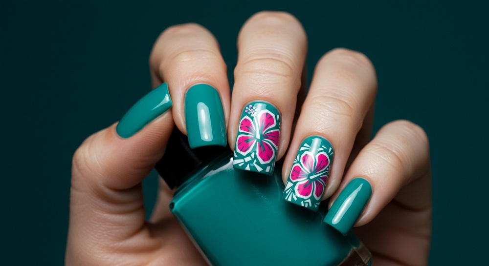 Teal Manicure With Hibiscus Accent