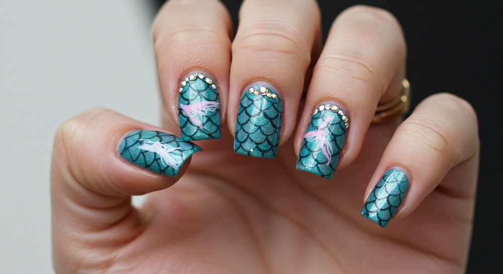 Teal Mermaid Scale Nail Design