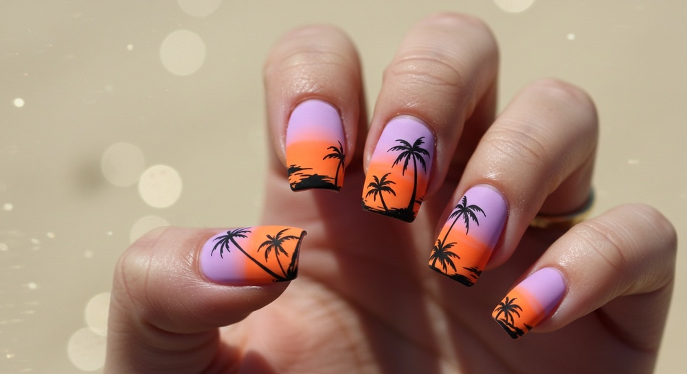 Tropical Sunset Palm Tree Nails