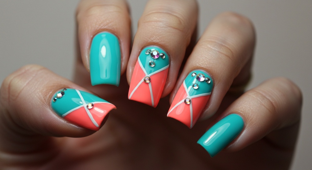 Turquoise And Coral Nail Art