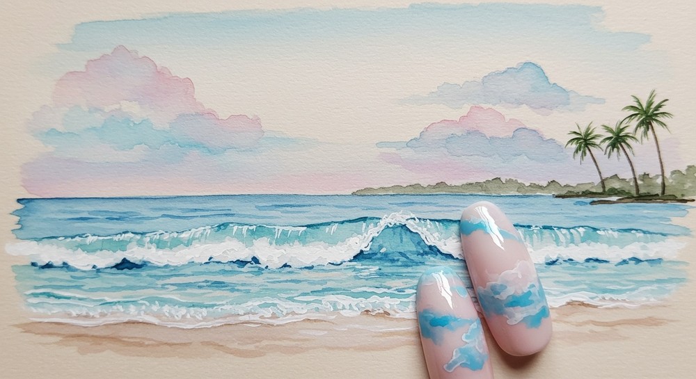 Watercolor Ocean Beach Cloud Nails