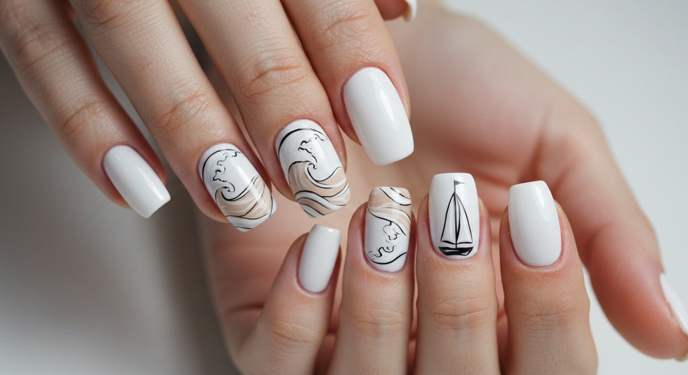White Nails With Ocean Design