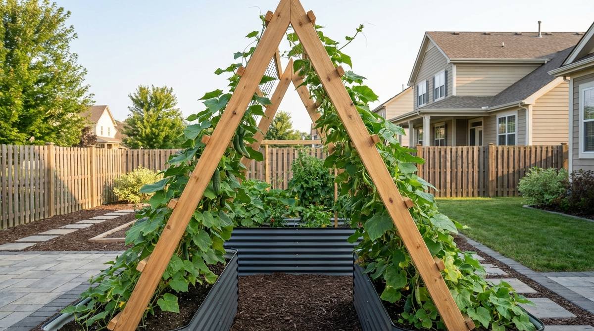 An A-frame double-sided trellis straddling a raised garden bed, providing two vertical growing surfaces for crops like cucumbers and pole beans. This stable structure enhances garden design with a cathedral-like effect, suitable for windy locations and easy harvesting.