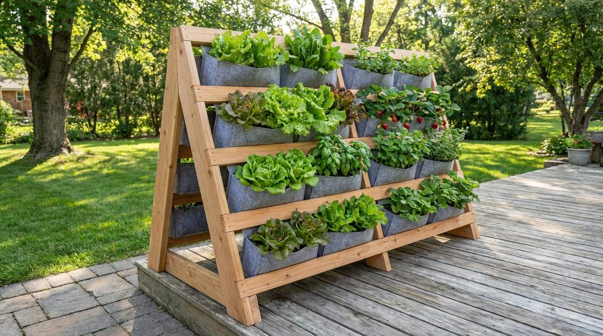 A compact A-frame vertical garden bed with fabric planter pockets on horizontal slats, showcasing lettuce, herbs, and strawberries in a space-efficient 2x6 foot footprint. The structure is positioned north-south for optimal sunlight exposure, with plants arranged in tiers for efficient watering and visual appeal.