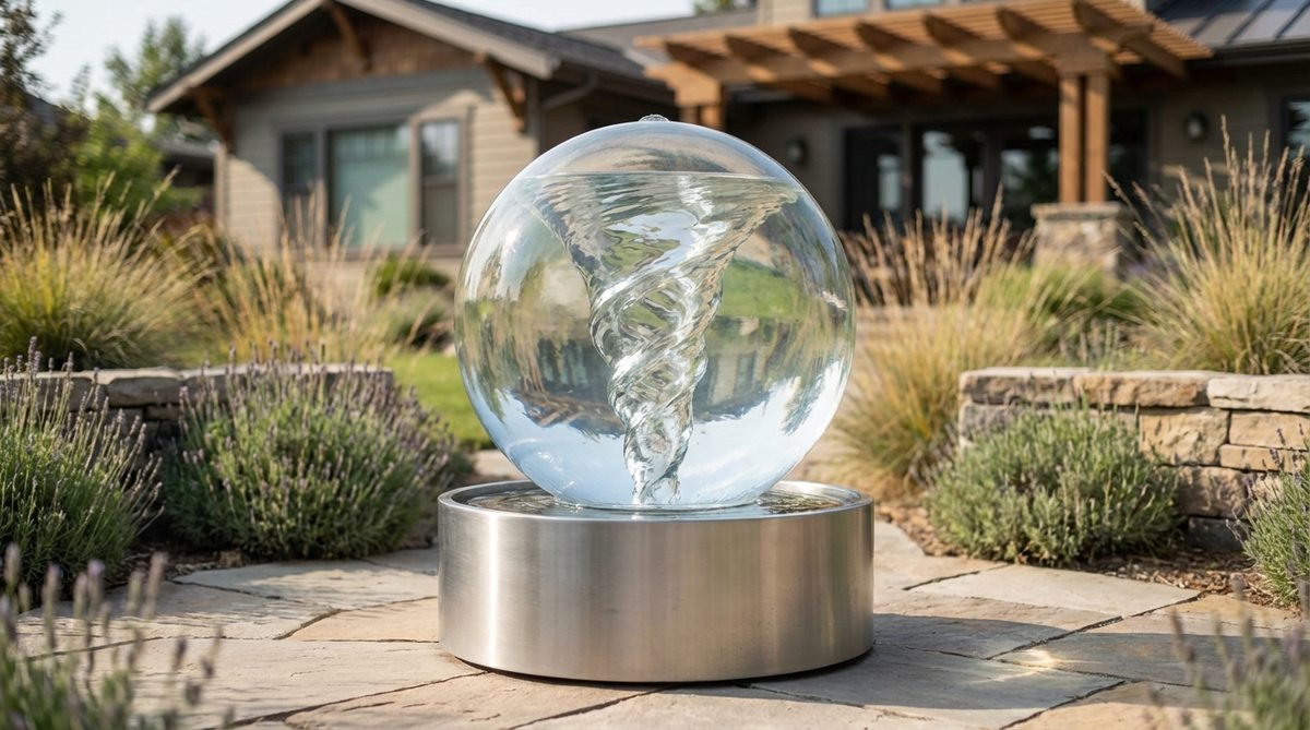 A contemporary garden fountain featuring a transparent acrylic sphere with an internal water vortex effect. The spiral water motion creates hypnotic visual patterns, appearing to suspend water mid-sphere. The sphere rests on a stainless steel base that provides textural contrast against the acrylic transparency. The fountain is shown in an outdoor setting with optimal lighting to showcase the dramatic vortex effect. Customizable options include sphere size, color variations, base configurations, and integrated LED lighting for evening illumination.