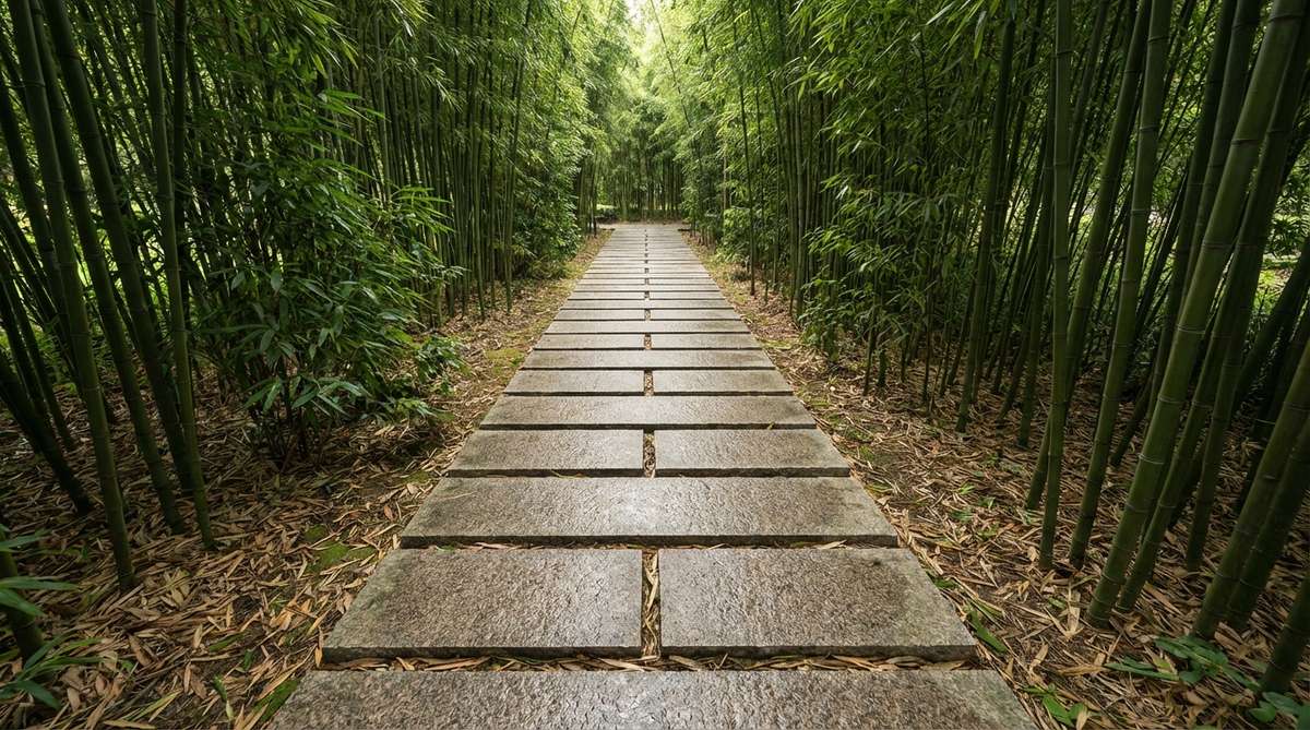 A straight pathway through a bamboo grove created with rectangular granite slabs placed end-to-end with minimal gaps. The formal linear arrangement of the stones contrasts beautifully with the organic vertical lines of bamboo stalks, creating a calm corridor through the dynamic bamboo growth. The stones are uniform in width but varied in length to avoid a manufactured appearance.