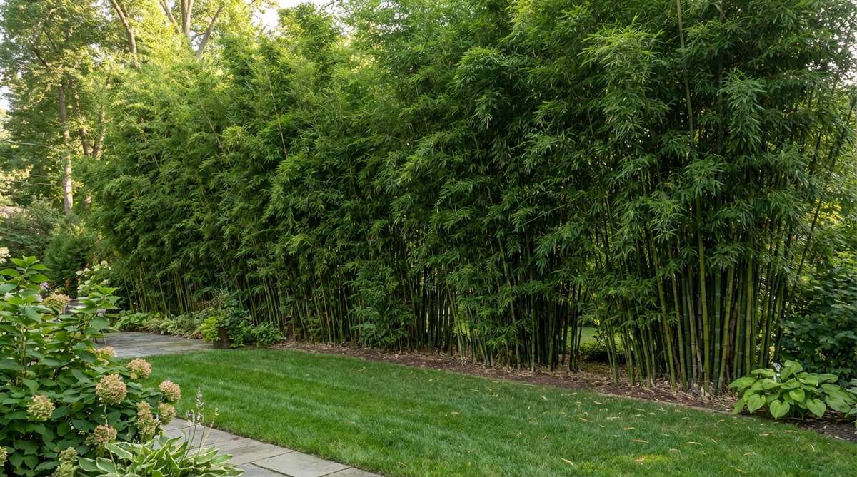 A dense, tall bamboo screen used as a living fence for garden decor, featuring clumping bamboo varieties like Bambusa multiplex that provide privacy and sound texture.
