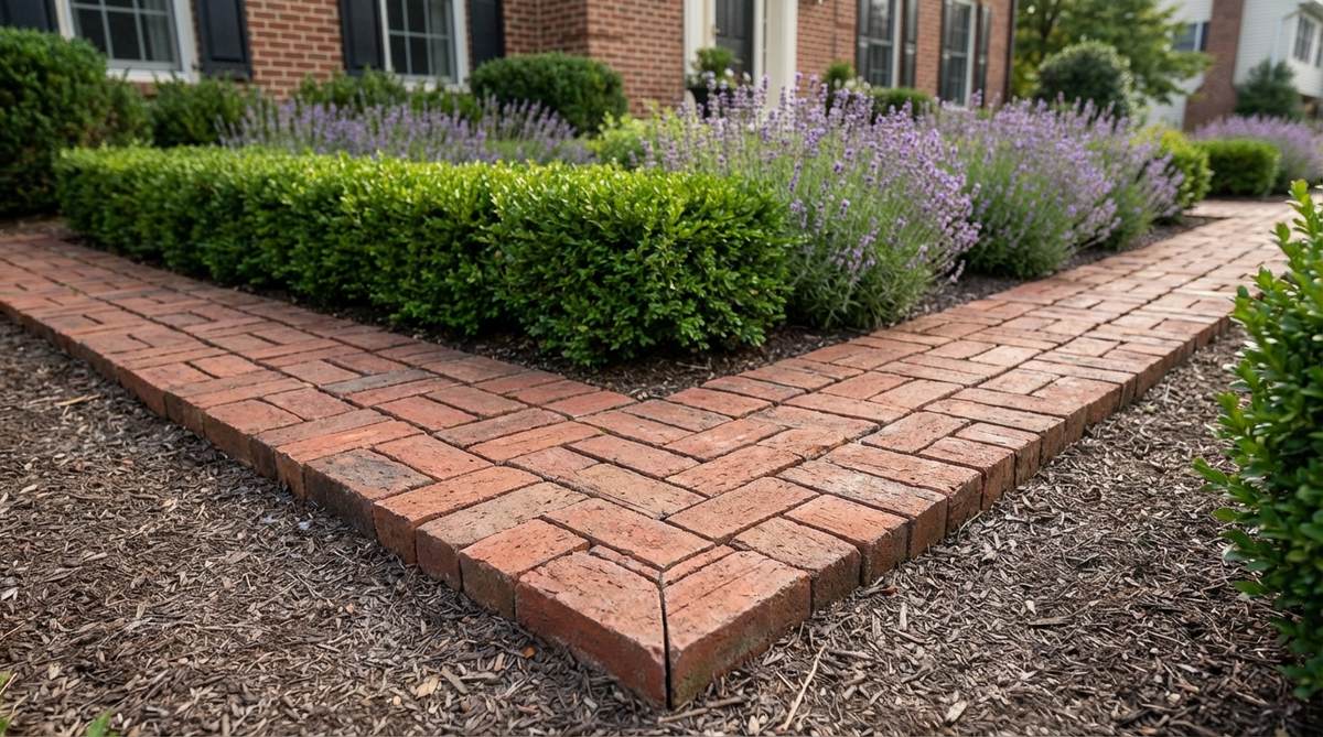 A close-up photo showing the basket-weave pattern created with alternating pairs of horizontal and vertical bricks in a garden border. The woven textile appearance is clearly visible with precise corner cuts maintaining the pattern rhythm. The border is approximately 4-6 inches wide, complementing Colonial or Victorian architecture, and is paired with traditional garden elements like boxwood hedges or lavender rows.