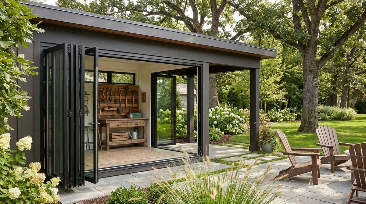 An aluminum bi-fold glass wall system installed on a modern garden shed, showing the folding panels fully opened to create a seamless transition between the interior workspace and outdoor garden. The double-glazed panels with multi-point locking provide security when closed, while the wide opening transforms the shed into a covered outdoor pavilion.