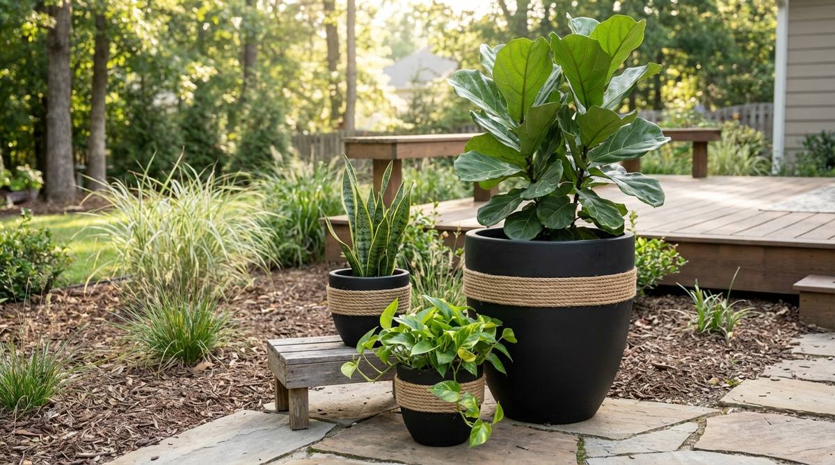 A matte black ceramic pot wrapped with natural jute rope, showcasing a contrast between smooth dark surfaces and rough natural fibers. Ideal for plants like fiddle leaf figs, snake plants, or trailing pothos, this planter enhances green foliage vibrancy and softens the decor. Perfect for grouping in various sizes on wooden stands or floor corners to create cohesive boho rhythm.