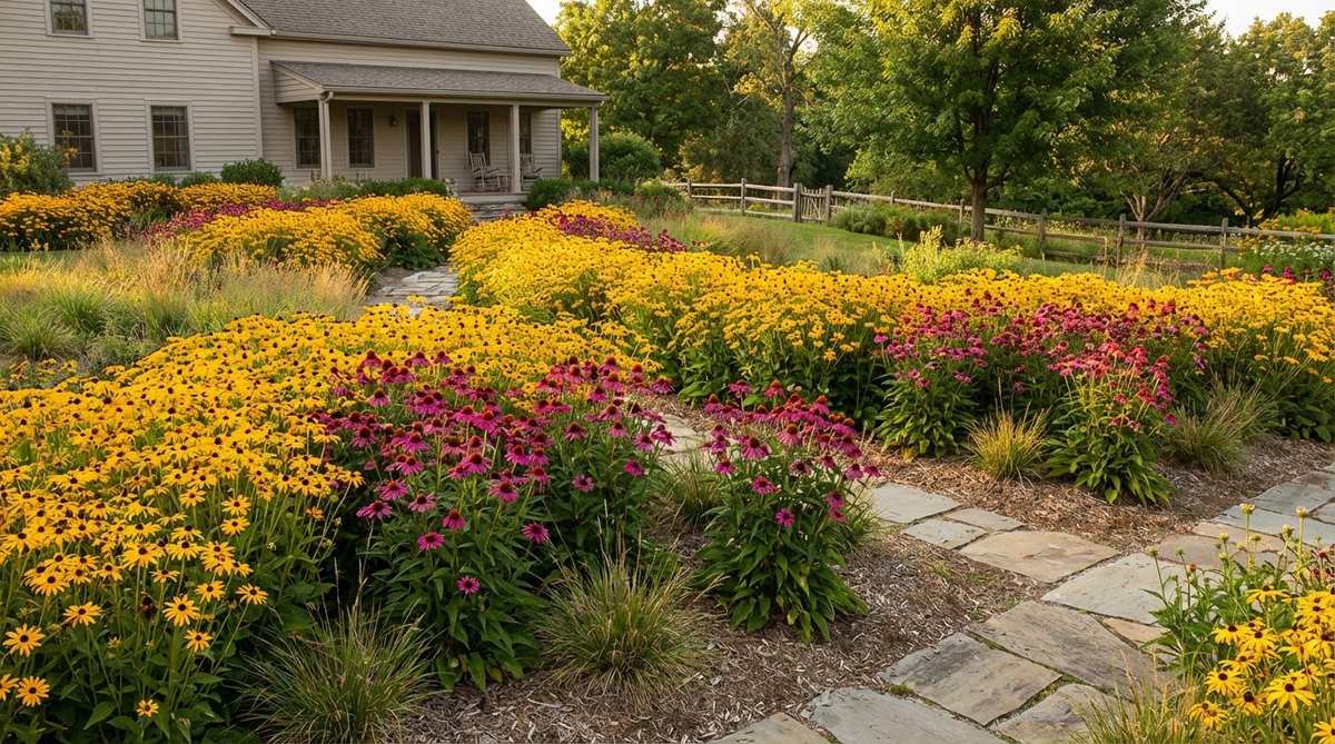 A vibrant cottage garden planting featuring golden Black-Eyed Susan (Rudbeckia) and magenta Purple Coneflower (Echinacea) arranged in sweeping drifts. These summer-blooming perennials create striking color contrast with their upright habit and sturdy stems that require no staking. The plants are grouped in generous clusters of 15-25 specimens each, demonstrating proper cottage garden design principles for continuous summer color and fall seed heads that attract birds.