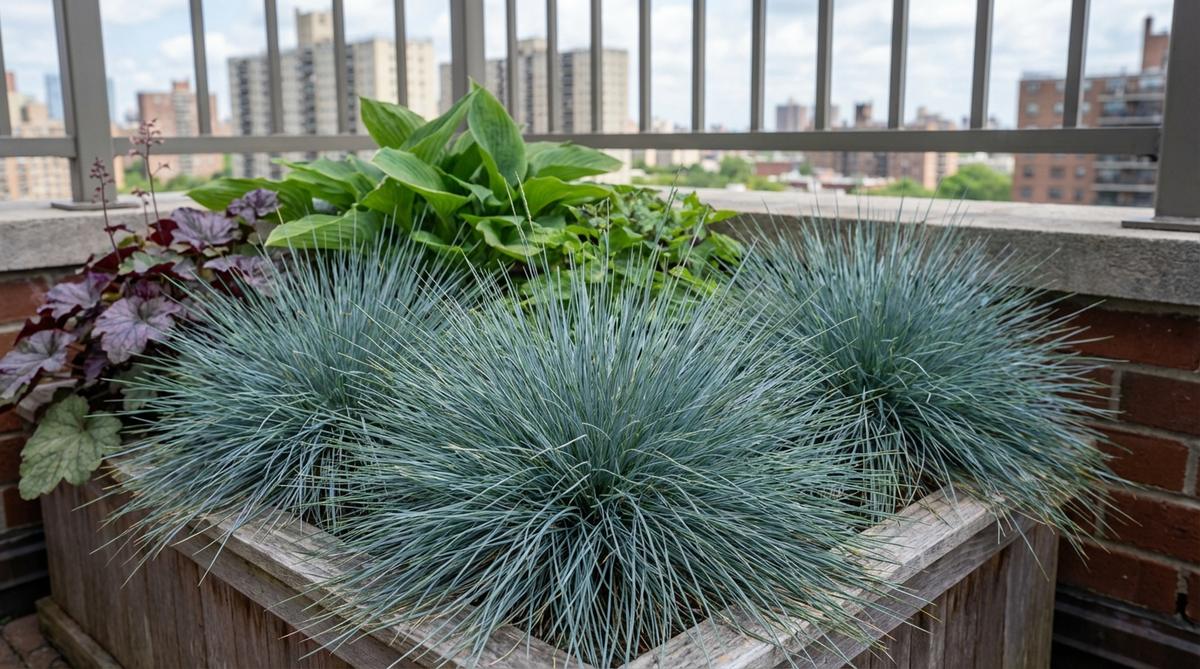 A close-up image of Blue Fescue, showcasing its steel-blue tufts forming neat 12-inch domes. The fine texture of the grass contrasts beautifully with broad-leaved perennials in a mixed container on an urban balcony, highlighting its suitability for small spaces. The plant demonstrates resilience to wind, drought, and partial shade, making it an ideal low-maintenance choice for balcony gardens.