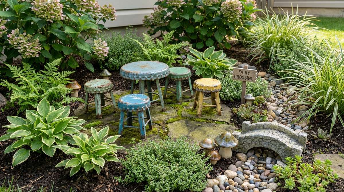 A whimsical fairy garden scene featuring DIY patio furniture made from metal bottle caps, transformed into stools and a table with painted finishes, set amidst miniature plants and decor.