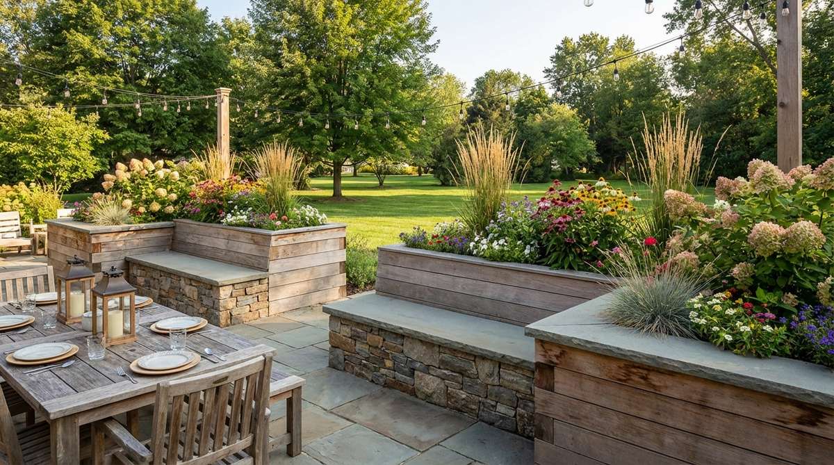 A dual-function built-in planter bench seating design for garden decor parties, featuring raised beds or temporary planter boxes with wide caps that serve as comfortable perimeter seating, integrated with seasonal blooms or ornamental grasses to add vertical color and texture to the party layout.