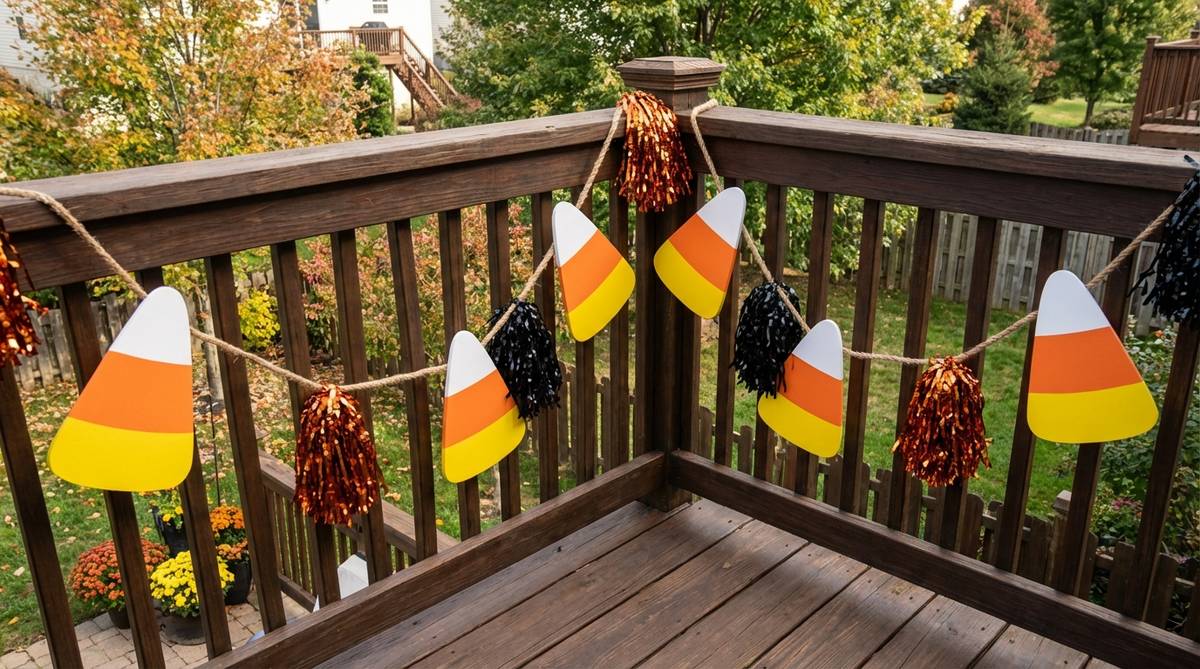 DIY oversized candy corn pieces strung on jute rope garlands drape across balcony railings with metallic orange and black pompoms, creating a bold Halloween decoration with traditional tri-color stripes and weather-resistant foam board construction.