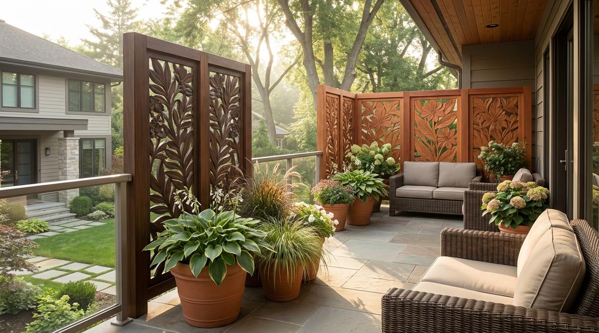 Teak and cedar carved wood panels with botanical motifs, ideal for balcony decor to add natural warmth and texture. They complement garden themes, soften contemporary architecture, and can be used as dividers between seating and planting zones. Pair with live plants for an artistic, nature-inspired look.
