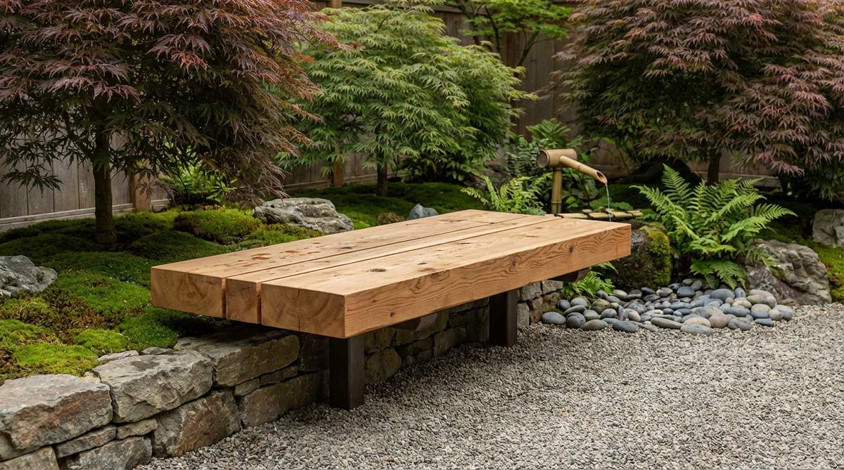A cedar plank floating bench in a Japanese garden, featuring thick cedar slabs cantilevered from concealed steel posts for a lightweight, floating appearance. Made from rot-resistant Spanish or western red cedar, with 6-8 inches of overhang for visual balance.