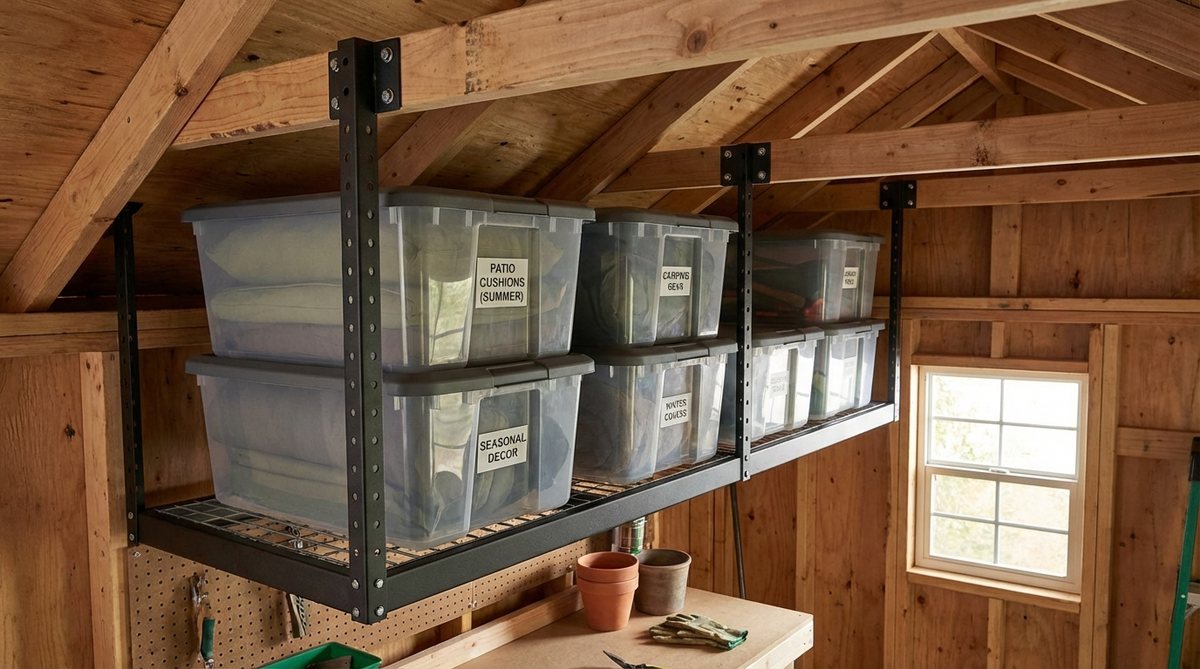 A ceiling-mounted storage rack system installed in a small garden shed, showing sturdy brackets attached to roof joists with labeled storage bins containing seasonal items like patio cushions and camping gear. The rack maintains adequate clearance height while maximizing overhead storage space.