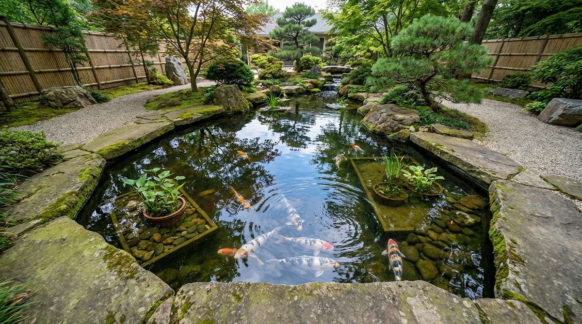 An irregular-shaped koi pond at the heart of a Japanese garden, surrounded by flat stone edges with moss growth. Koi fish swim in the clear water, creating ripples that reflect the sky and surrounding foliage. The pond features varying depths with underwater shelves for aquatic plants, demonstrating traditional Japanese garden pond construction techniques.