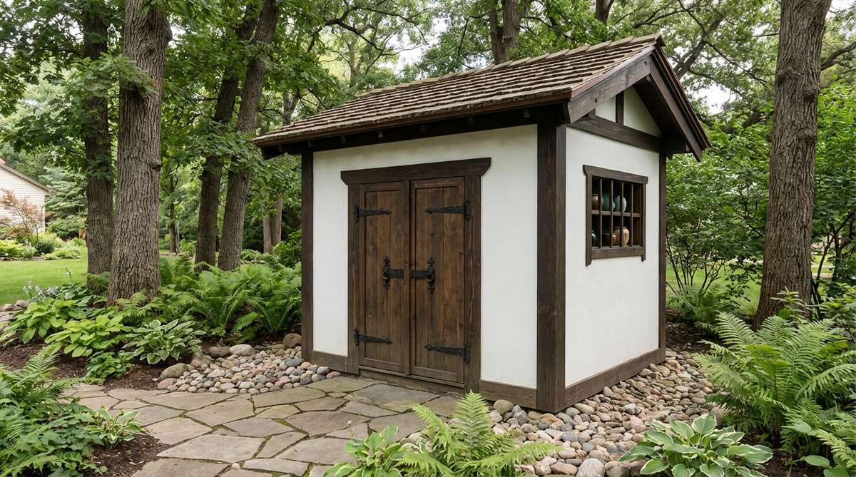 A miniature kura-style building with white plaster exterior and dark trim, used for storing valuable tea ceremony ceramics. Features thick earthen walls, heavy timber doors with metal hardware, and climate-controlled interior with felt-lined shelving for pottery protection.