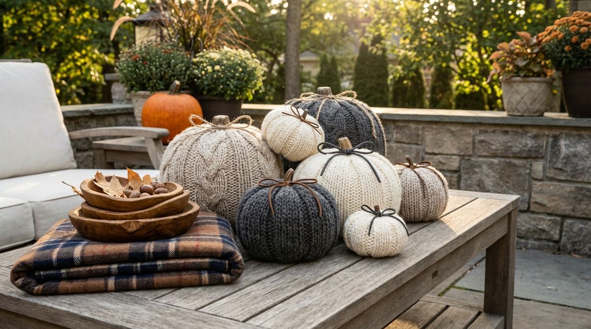 A cozy, boho-inspired Halloween decoration featuring chunky knit pumpkin cozies in oatmeal, cream, or gray tones, slipped over foam pumpkins with cable knit or stockinette stitches, secured with twine or leather cord, and styled with plaid blankets and wooden bowls in a living room vignette.