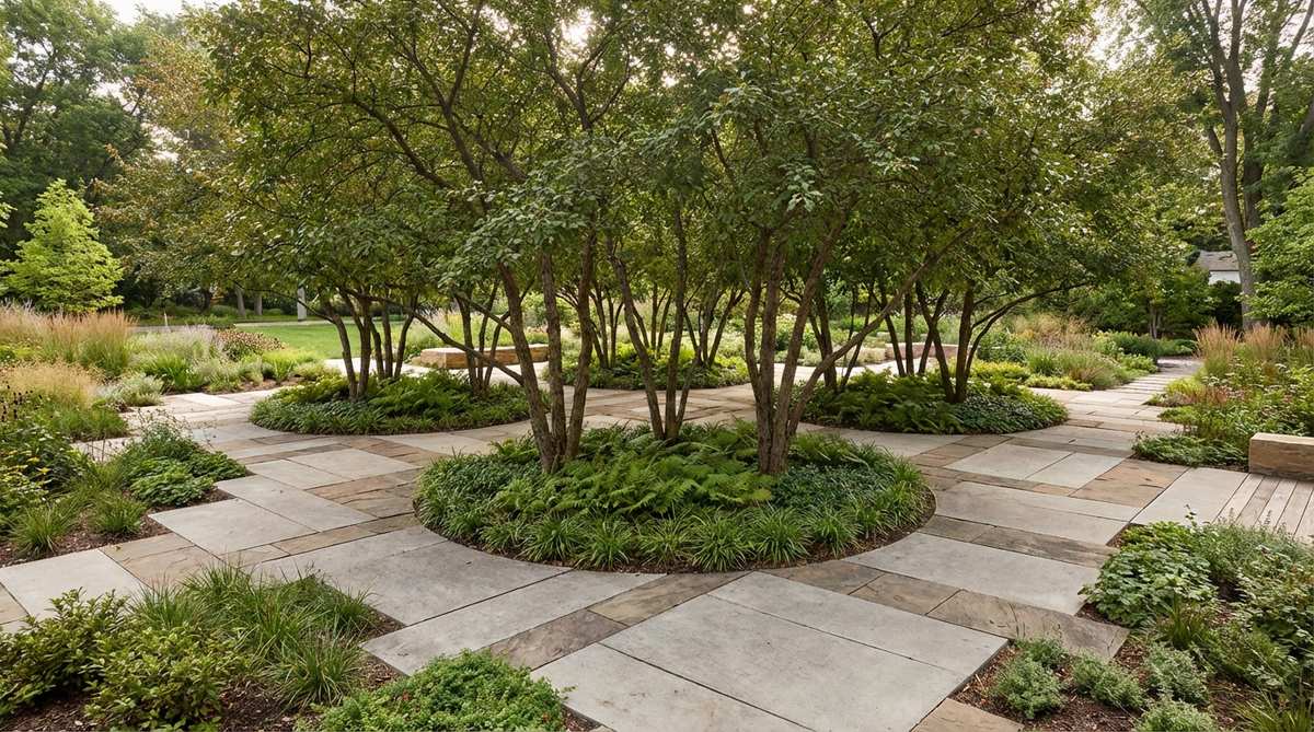 A modern garden featuring circular bosquet groves with multi-stem trees like crabapples or birches planted in perfect circles, creating shaded focal points that contrast with angular paving patterns. The groves serve as transitional spaces and centerpieces that organize the surrounding garden into radiating zones, with low groundcovers maintaining visibility through the enclosure.