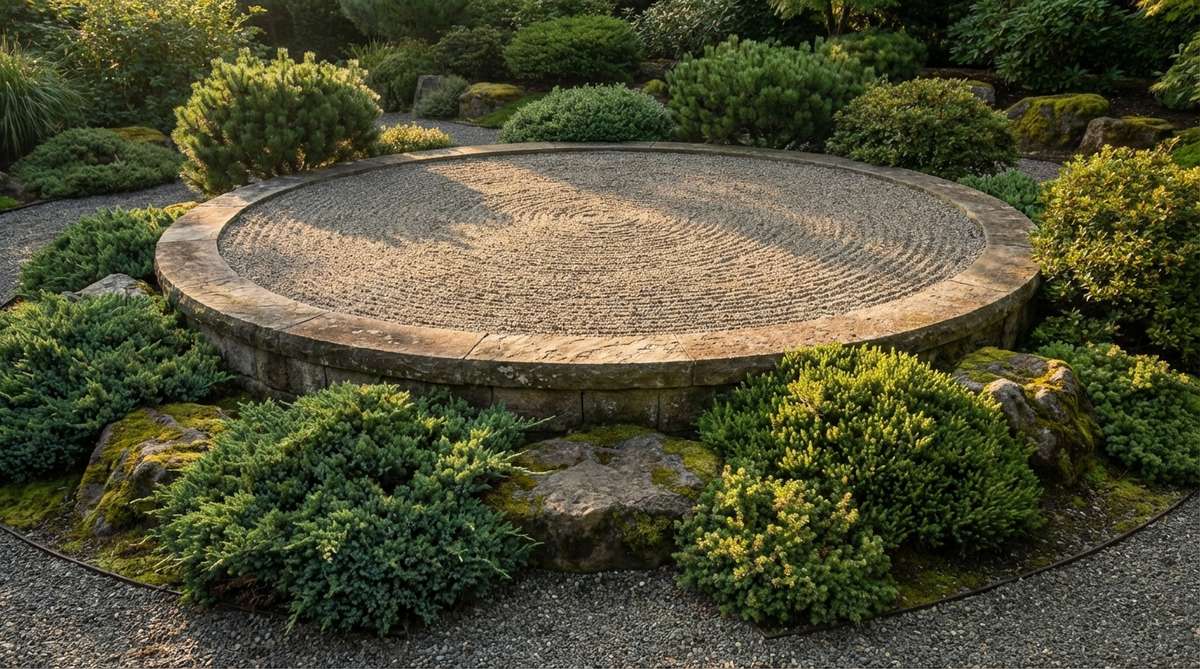 A raised circular meditation platform filled with decomposed granite, surrounded by low evergreen shrubs in a zen garden setting. The design features inward-focused geometry for meditation practice, with morning light orientation and textured gravel surface symbolizing completeness and grounding.