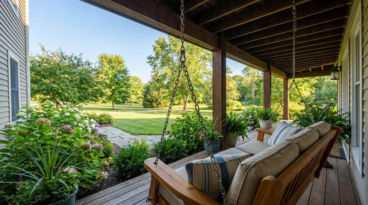 A classic porch swing made of cedar or treated pine, suspended from ceiling joists with heavy-duty hardware, featuring weather-resistant cushions in outdoor-grade fabrics for comfortable extended sitting.