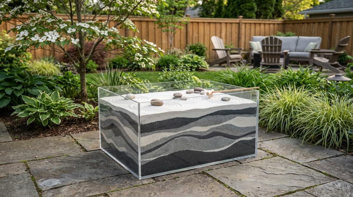 A transparent acrylic mini zen garden with layered colored sand in gray, white, and charcoal, creating geological patterns visible in cross-section. This design allows raking only the top surface while maintaining undisturbed lower layers, symbolizing mindfulness about surface versus depth in addressing challenges.
