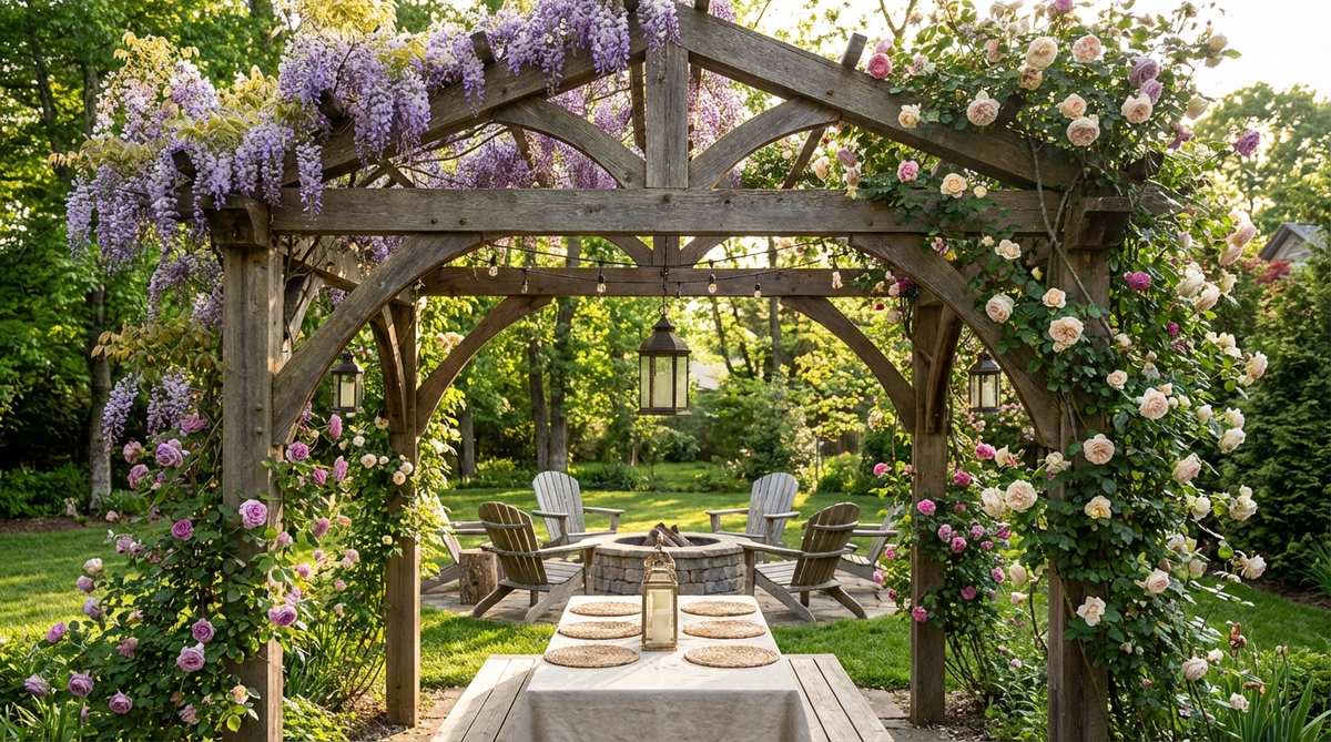 An arched arbor covered with climbing vines like wisteria, roses, or clematis, installed at a garden entrance or transition point for an outdoor decor party. It frames views of focal areas such as fire pits or dining tables, providing seasonal color and fragrance to enhance the natural ambiance and create photo opportunities for guests.
