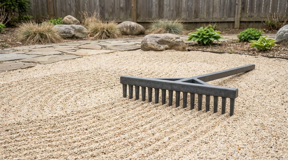 A durable composite zen garden rake with polymer construction that resists weather damage, featuring uniform tines for precise sand patterns in meditation gardens.