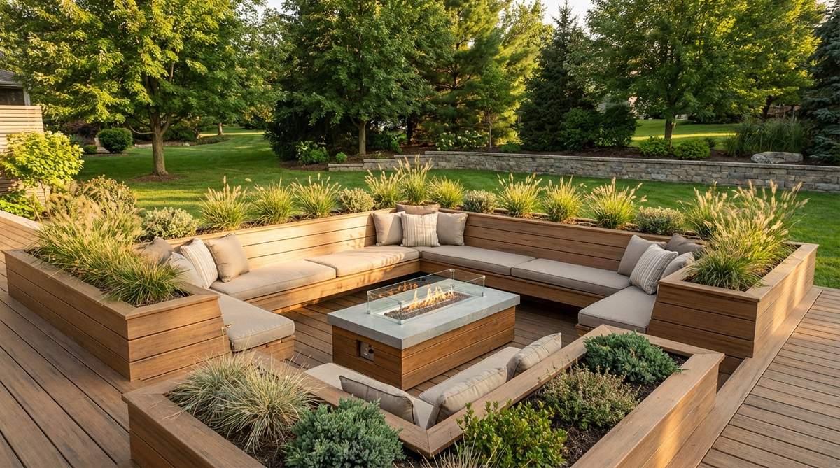 A recessed seating area on an outdoor deck featuring built-in cushioned benches surrounding a central fire table, creating an intimate gathering space for face-to-face interaction with wind protection on exposed sites.