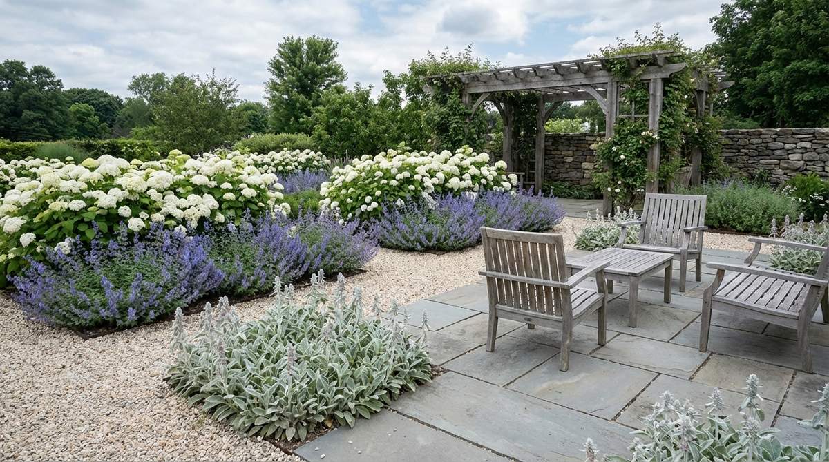 A serene garden featuring a cool neutral color palette with white hydrangeas, blue catmint, and silver lamb's ear plants arranged in broad sweeps, complemented by gray stone, pale gravel, and weathered wood hardscape elements that create a calm, breathable atmosphere perfect for relaxation.