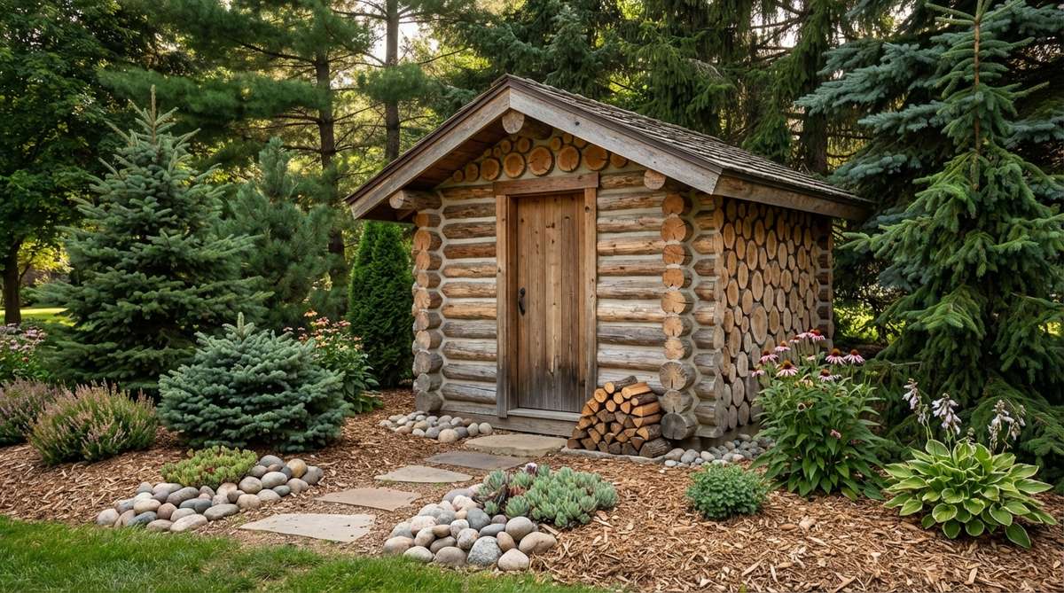 A miniature cordwood construction cabin garden shed, showcasing horizontal log sections mortared together in a distinctive Scandinavian style. This eco-friendly design features rounded wood ends creating rhythmic texture patterns, ideal for sustainable or fairy gardens. It pairs well with evergreen plantings and rock gardens to evoke a Nordic forest atmosphere, suitable for larger landscapes with added details like miniature stacked firewood for storytelling.