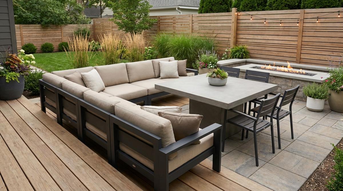 A contemporary garden arrangement featuring an outdoor sectional hugging two sides of a small deck, with a low-profile square dining table in front. This hybrid lounge-dining layout showcases flexible seating that shifts effortlessly from a lounge to a dining zone, ideal for compact spaces and casual entertaining.
