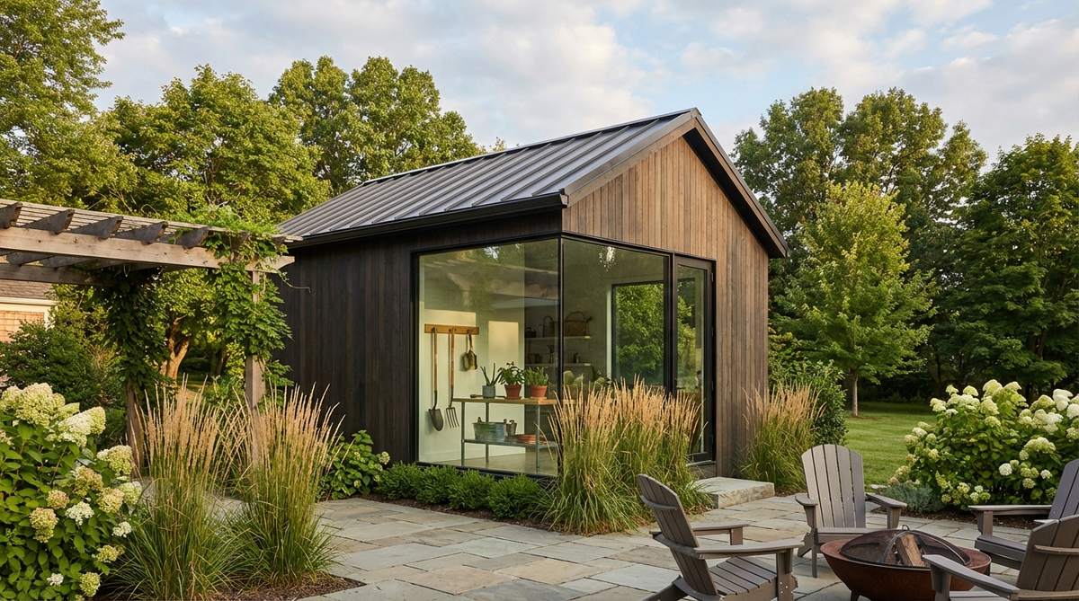 A contemporary garden shed featuring a corner window wrap design, where windows meet at the building corners without structural posts, providing dramatic 270-degree views. This configuration eliminates visual barriers, making the shed feel more spacious and ideal for sites with attractive views in multiple directions.