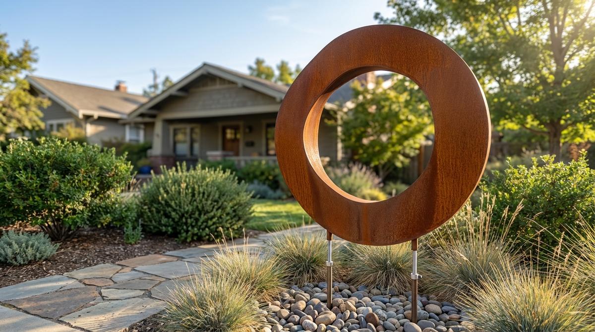 A contemporary garden sculpture featuring an organic circular form made of weathering steel, mounted on adjustable stakes for versatile installation heights. The Corten steel develops a protective rust patina over time, adding artistic dimension to landscape edges, borders, or minimalist gravel gardens.